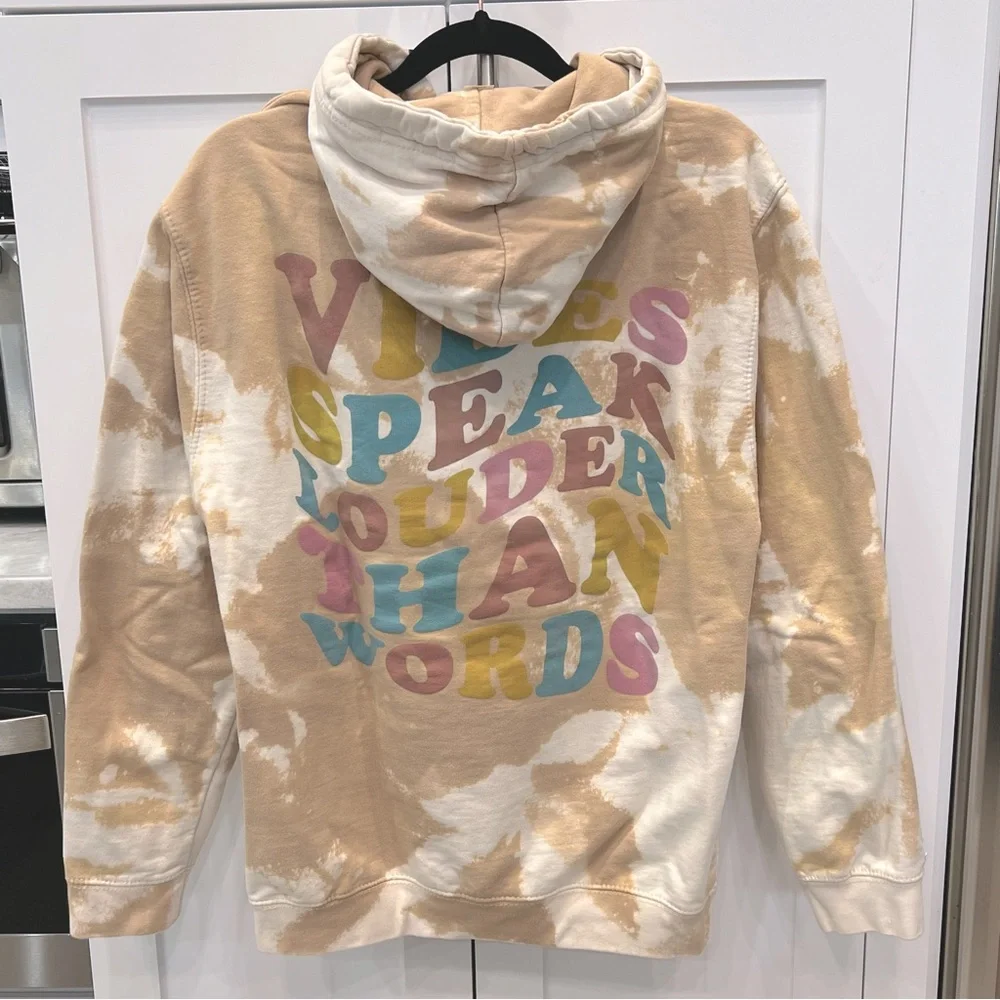Tan & Off White/Lt Cream Tie Dye VIBES SPEAK LOUDER THAN WORDS Hoodie Sweatshirt - Picture 7 of 14